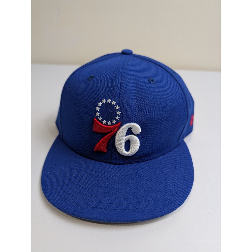 New Era 76ers Hat Mens 7 3/8 Blue Polyester 59FIFTY Fitted NBA Retro Logo Cap